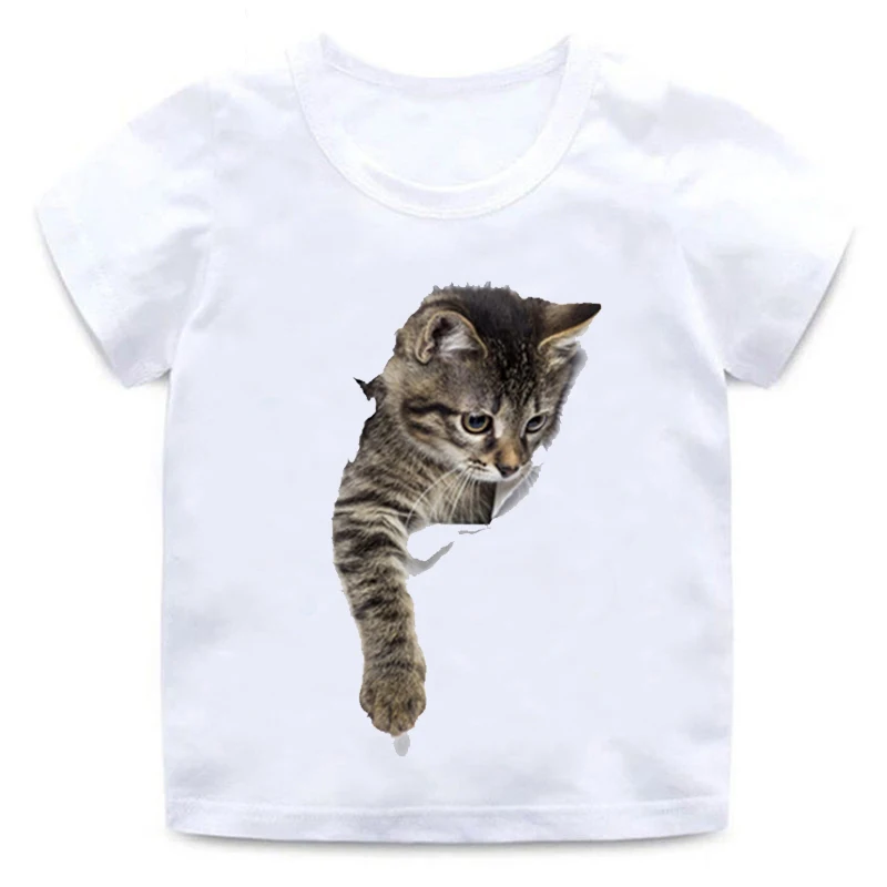 Детская забавная футболка с объемным котом Мягкая футболка с короткими рукавами и круглым вырезом для мальчиков и девочек качественная белая Повседневная футболка