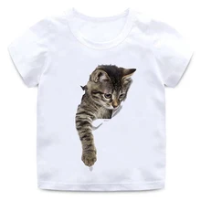 Детская забавная футболка с объемным котом Мягкая футболка с короткими рукавами и круглым вырезом для мальчиков и девочек качественная белая Повседневная футболка