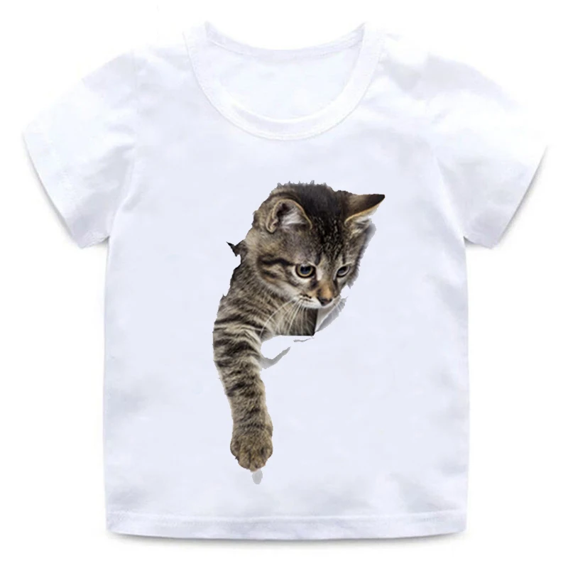 

Children's funny 3D cat T-shirt boy girl animal short-sleeved round neck soft T-shirt quality white casual T-shirt
