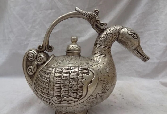 

song voge gem S5033 10" Chinese Silver Bird Dragon Phoenix Duck Flagon Statue Flower Teapot Wine Pot