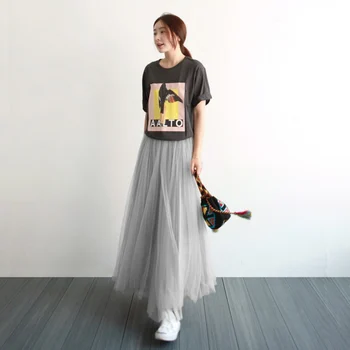 

New Brand 2019 Spring Summer Vintage Skirts Womens Elastic High Waist Tulle Mesh Skirt Long Pleated Tutu Skirt Female W4