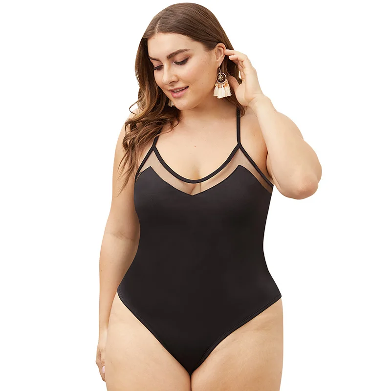 Women Basic Sexy Mesh Stitching Criss Cross Back Spaghetti Strap Plus Size 4XL Tank Bodysuit Over Size Onesies Beachwear Rompers