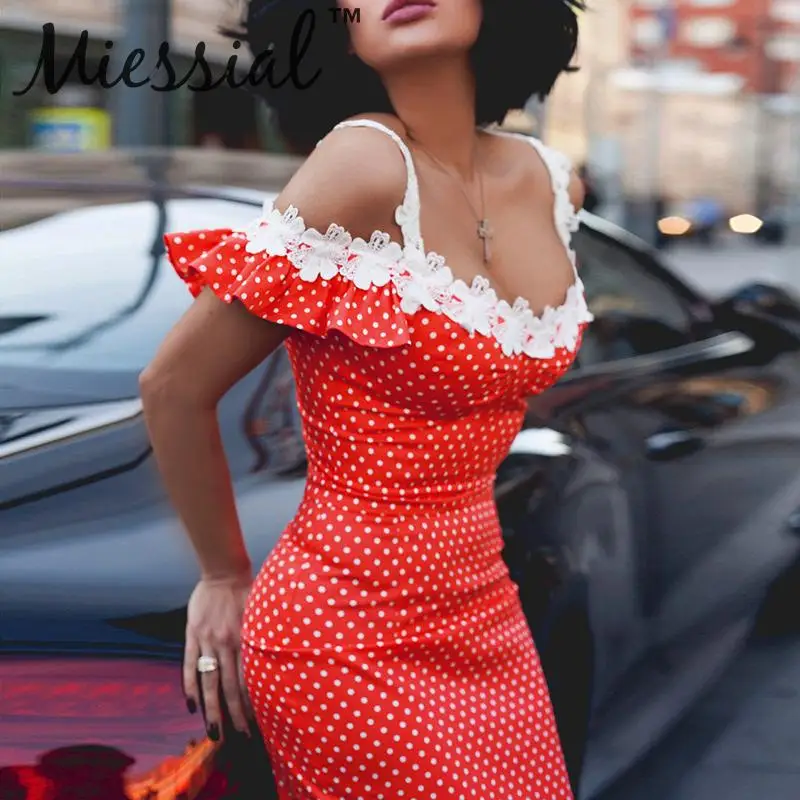

Miessial Sexy Polka dot off shoulder midi dress Women autumn winter elegant bodycon dress Female club long beach party dress