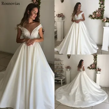 

Arabic Cheap Garden Wedding Dresses 2019 Sheer Neck Lace-up Back Sweep Train Simple Stain A Line Long Bridal Gowns Customized