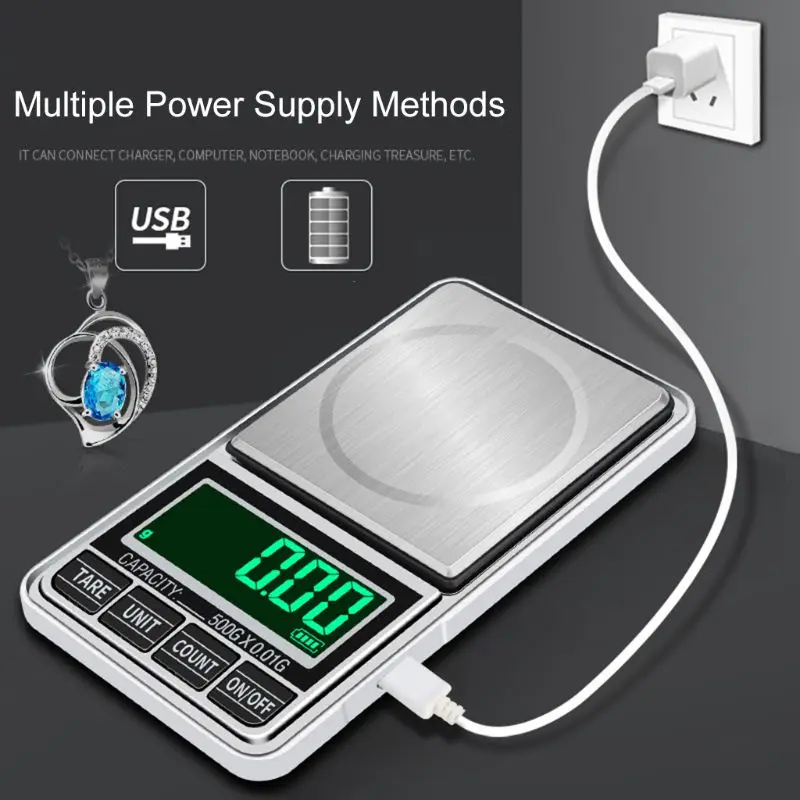 

USB Charging Pocket Scale 500g/0.01g Electronic Protable Digital Jewelry Scales