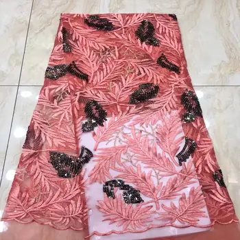 

Latest Pink African Tulle Lace Fabric For Women High Quality With Sequins Embroidery France Mesh Lace Fabrics 5Yards/Lot A2117