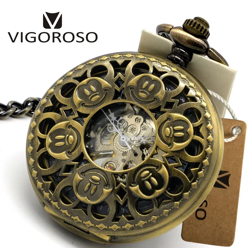 Vigoroso Новая мода механические карманные часы стимпанк Скелет бронзовый сплав ручным подзаводом с FOB цепи часы кулон Для мужчин Для женщин