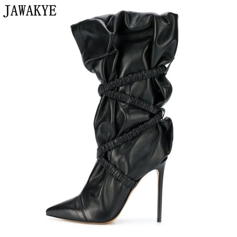 Goedkoop PU leer zwart puntige teen knie hoge laarzen voor vrouwen 12 cm super hoge hak T show kruis gebonden lange laarzen winter ruches schoenen