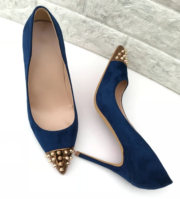 

European Women Flock Pointed Toe Mature Pumps High Heels 10cm Rivet Thin Heels Stilettos Wedding Party Shoe Woman Elegant Pump