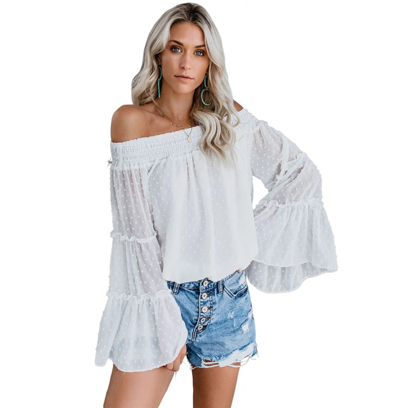 Adogirl Swiss Dot Off The Shoulder Tops Slash Neck Ruffles Long Flare Sleeve Loose Casual Blouse Women Fashion Clothing Outfits