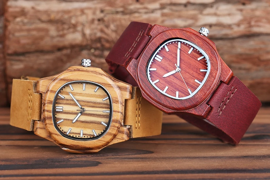 Men Women Wooden Watch Creative Round Shape Dial Light Wood Case Genuine Leather Band Bamboo Wood Clock Male Reloj de madera TOP 2017 (46)
