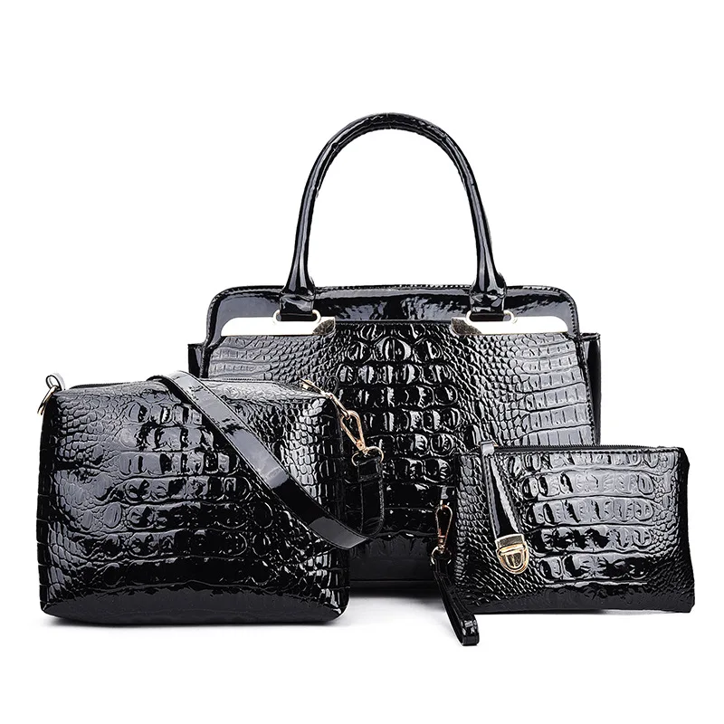 

Fashion 2017 Luxury Brand 3 Pieces/Set Crocodile Pattern Women Handbags Shop Online Female Patent Leather Shoulder Bags Kabelky