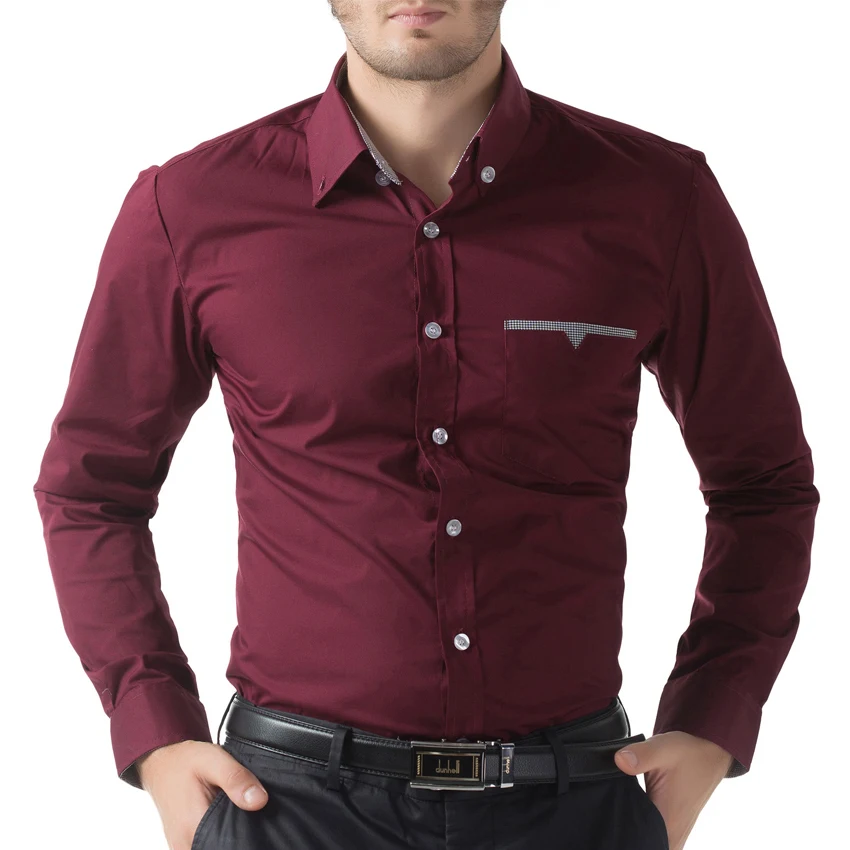 Для мужчин Повседневное рубашка узкого кроя Топы корректирующие 2017 с длинным рукавом черный/белый/цвет красного вина Camisa masculina Для мужчин