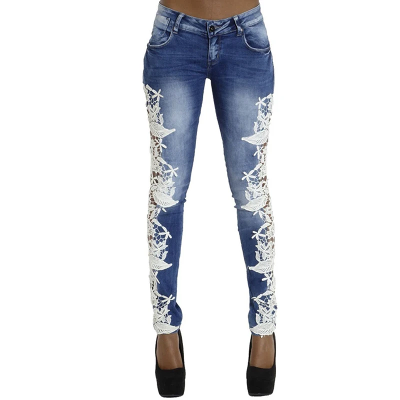 

High Quality Lace Patchwork Women Pencil Pants Jeans Trousers Low Waist Skinny Slim Denim Elastic Pants Plus Size Female P45