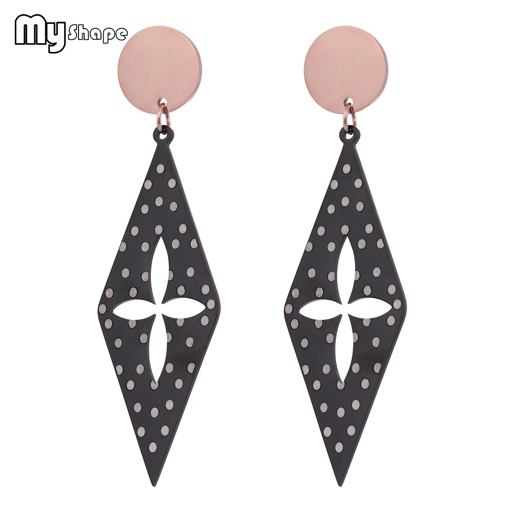 

My Shape Black Rhombus Hollow Dot Drop Earrings Stainless Steel Vintage Geometric Dangle Earrings Jewelry Women Bijoux Gift 2019