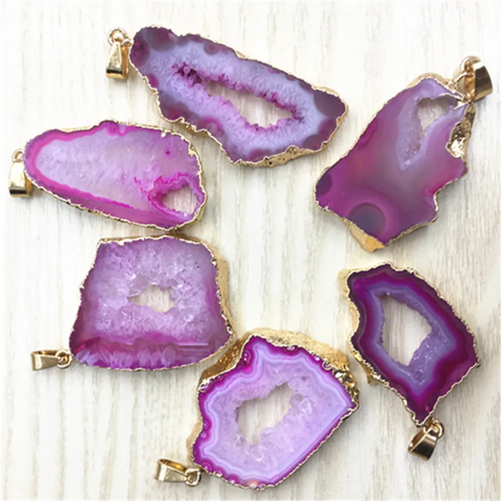 

pink Natural Stone Brazilian Electroplated Edged Slice Open Agates Geode Druzys Drusy Pendant For Women Necklace jewelry Making