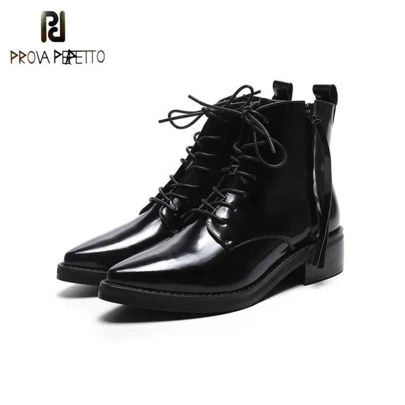 

Prova Perfetto 2018 England Style Patent Leather Rome Style Black Short Boots Lace up Winter Comfort Pointed Toe Fashion Boots