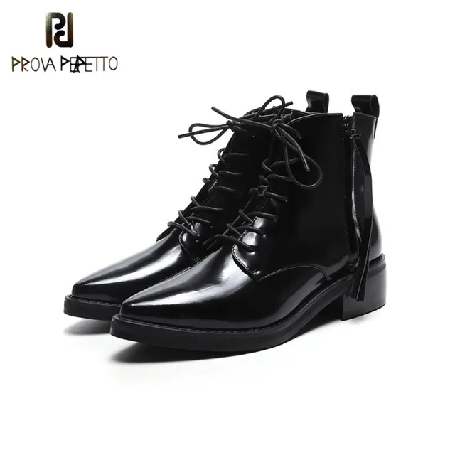 Special Price Prova Perfetto 2018 England Style Patent Leather Rome Style Black Short Boots Lace up Winter Comfort Pointed Toe Fashion Boots