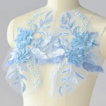 

Light blue heavy sewing bead 3d florals Bridal motif bodice 1 Pair,Sequins Embroidered lace applique Wedding Clothing supplies