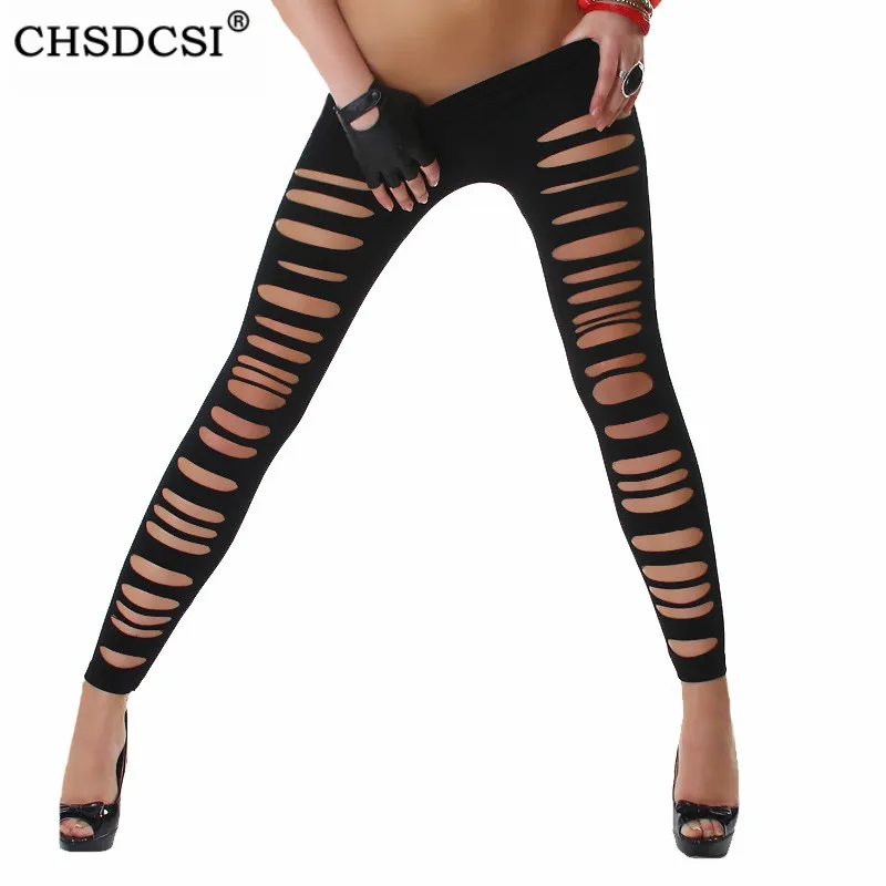 

CHSDCSI Hole Ripped Leggings Candy Color Women Black Streetwear Legging Hollow Out Elastic Skinny Sexy Pants Club Leggins Girls