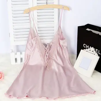

Women Faux Silk Sleepwear Sexy Lace V-Neck Nightdress Spahtetti Straps Solid Nightgowns Sleepwear Dress Female Homewear