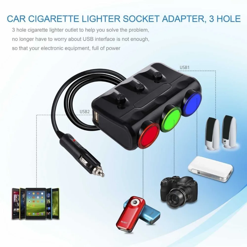 3 Socket Auto Car Cigarette Lighter Splitter Adapter Independent switch