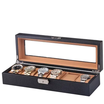 

6 Watch Display Box Black Carbon Fiber Design with Glass Box Watch Organizer Wood PU leather Pillow Luxury Watch Case Window