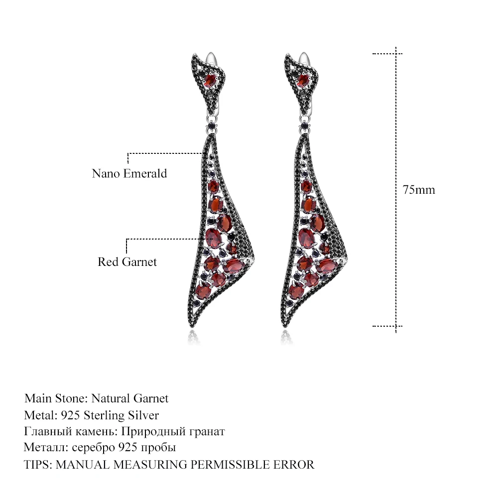 Новинка, балетные серьги с натуральным красным гранатом, Необычные треугольные Висячие серьги, 925 пробы, серебряные Винтажные серьги в стиле панк для женщин