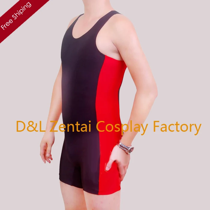 Free Shipping Dhl Adult Lycra Spandex Zentai Wrestling Singlets Black And Red Short Legs Catsuit