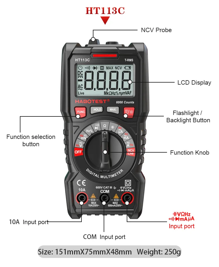 HABOTEST HT113A/B/C цифровой профессиональный мультиметр DC/AC Измеритель Напряжения тока ручной цифровой мини мультитестер Амперметр NCV