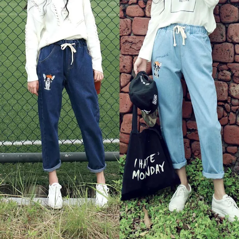 

2018 loose elastic waist blue women jeans vintage pants corgi pug bf boyfriend xl plus size keroan casual mom Denim jean pant