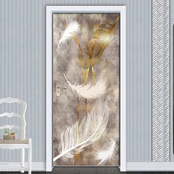 

DIY Door Sticker PVC Waterproof Self-adhesive Nordic Line Golden Feather 3D Wallpaper Poster Living Room Door Decor Mural Decals