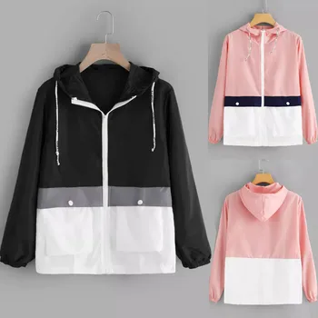 

Women's Jacket Women Long Sleeve Patchwork Thin Skinsuits Hooded Zipper Pockets Sport Coat jaqueta feminina куртка женская
