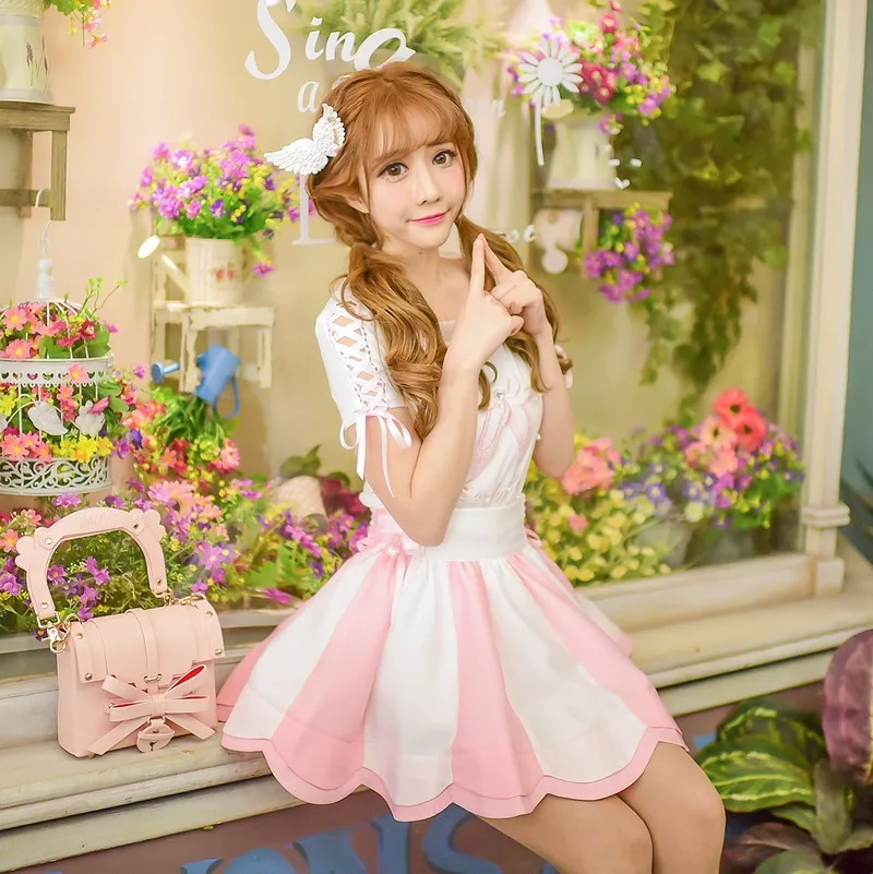

Princess sweet lolita shirt and skirt set Candy rain design summer women's sweet soft sister embroidery chiffon suit C16AB6063