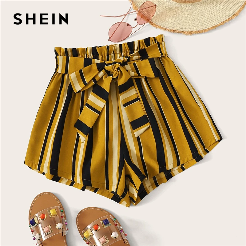 SHEIN Paperbag taille auto ceinturé rayé Shorts 2019 été taille élastique Shorts Boho gingembre taille haute Culottes Shorts