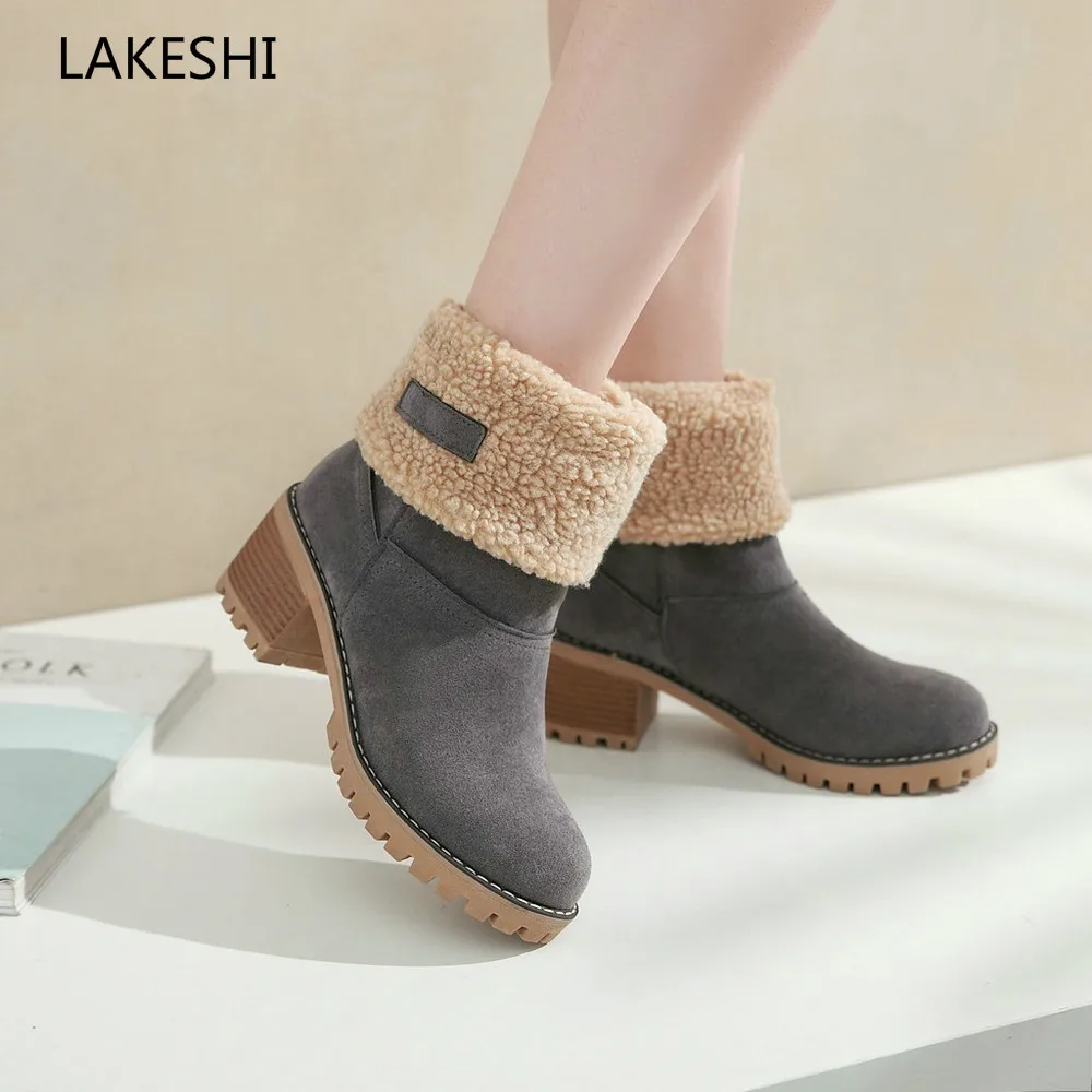 

LAKESHI Women Snow Boots Square Heels Boots Female Winter Shoes Ankle Boots For Women Thick Warm Fur Winter Warm Boots Size 43