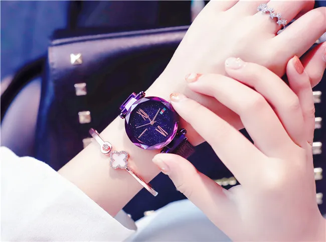 Elegant Purple Women Watches Starry Sky Fashion Lady Quartz Clock Magnet Buckle Casual Business Party Girls Gift Wristwatch