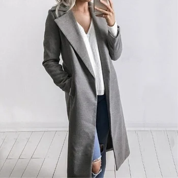 

Women Loose Lapel Collar Solid Color Warm Coat Long Pockets Windbreaker Outwear