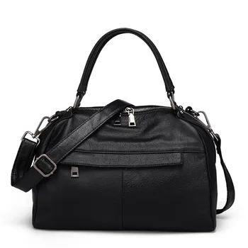 

2019 New Women Genuine Leather Boston Bag Europe Style Simple Handbag Fashion Trend Shoulder Bag office lady Tote handbag