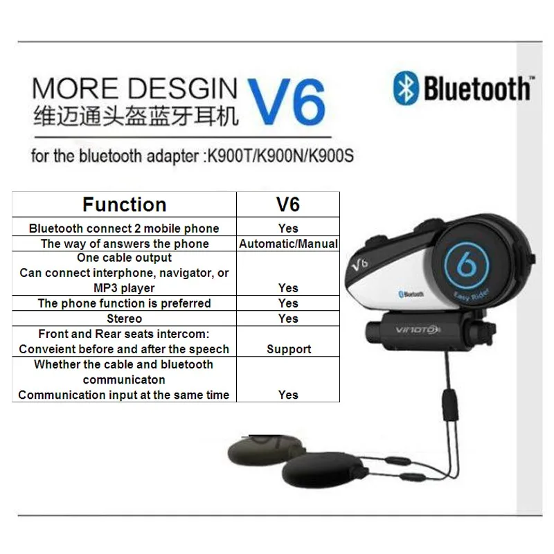 Vimoto V6 BT Interphone мотоциклетный шлем гарнитура Интерком одновременно пара 2 различных Bluetooth Высокая точность передачи