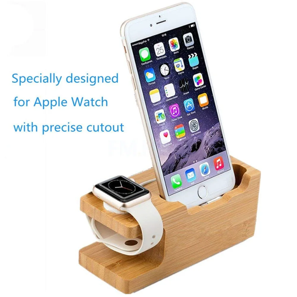 

2 In 1 Convenient Wooden Mobile Phone Holder Stand Charging Dock Station Smart Watch Bamboo Charger Stand Base For Decorate