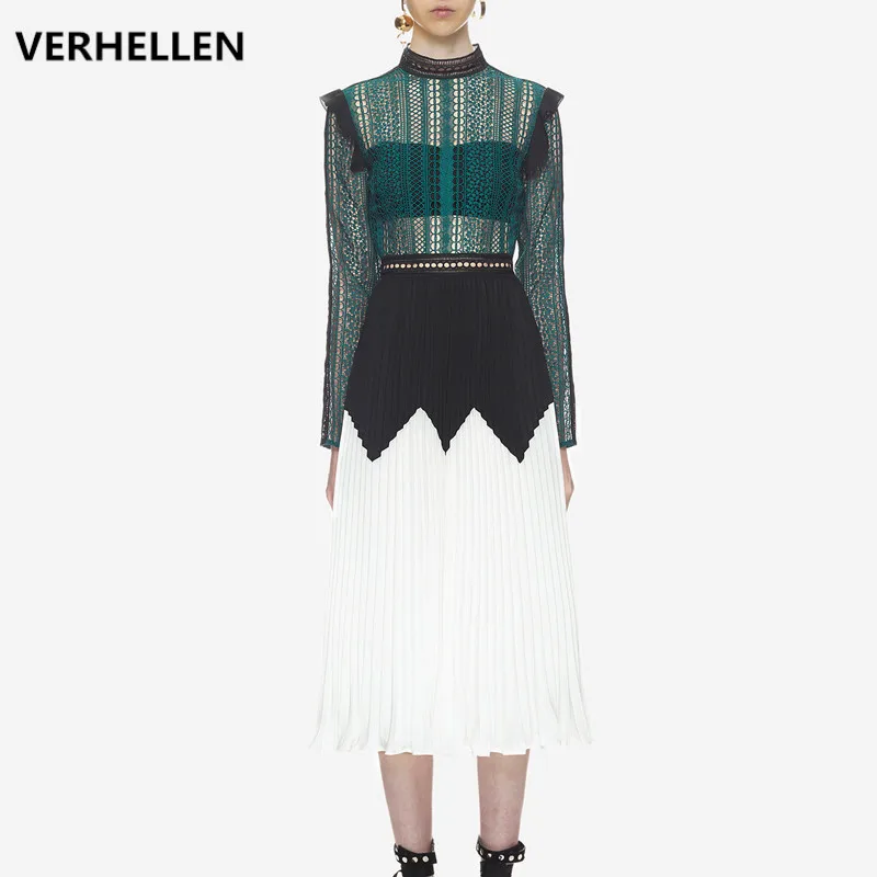 

VERHELLEN High Quality Runway Self Portrait Women Elegant Long Sleeve Lace Chiffon Pleated Dress Green White Midi Party Dress