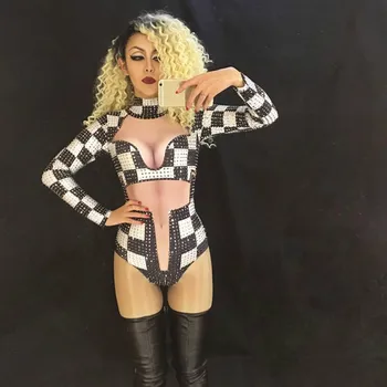 

Black And White Women Sexy Bodysuit Full Of Sparkling Crystals Costume Nightclub Party Singer Dancer Stage Wear Catsuit Jumpsuit
