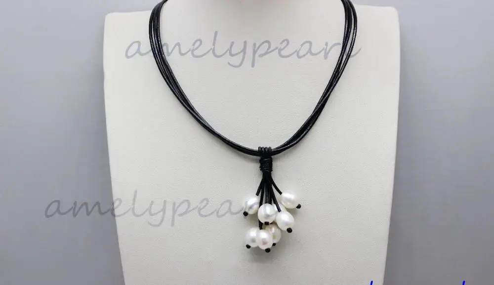 

black leather 8beads white freshwater pearl necklace no matel no radiation