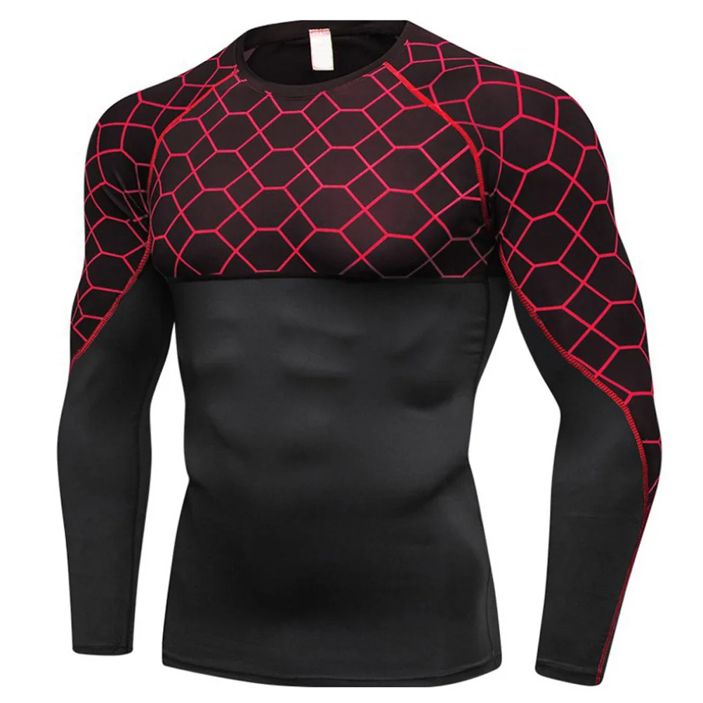 Мужская быстросохнущая облегающая дышащая спортивная рубашка с принтом с длинным рукавом и круглым вырезом C55K распродажа - Цвет: Красный