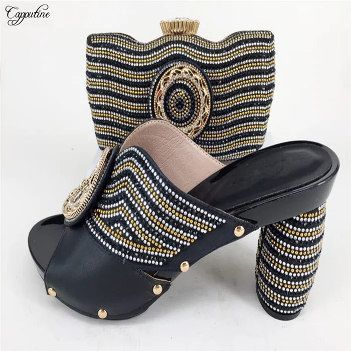 

Charming Italian design lady wedding/party slip-on shoes and purse handbag set with luxury stones 226-7 in black