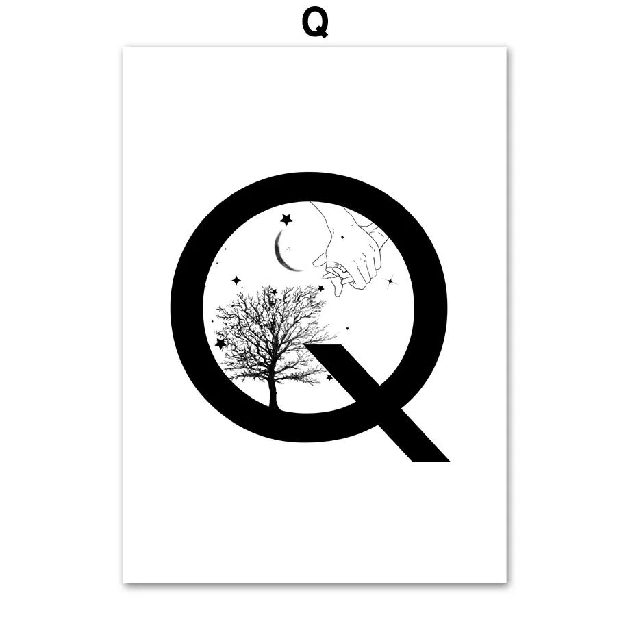 Настенный художественный холст для живописи 26 букв английского алфавита цветок абстрактная плакаты на скандинавскую тему и принты черный, белый цвет настенные картины для Гостиная - Цвет: Q