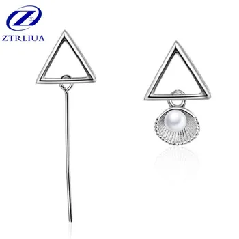 

Fashion 925 Sterling Silver Jewelry Personality Simple Triangle Asymmetric Pearl Female Shell-shaped Dangle Earrings SE289