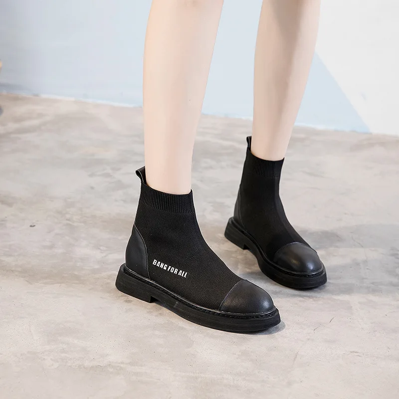 

Socks stretch short boots female spring and autumn 2018 new Martin boots thick with round head with socks shoes tide.