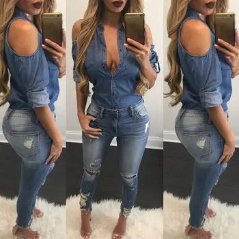 

UK Size 6-14Fashion spring summer Ladies Women's Charm Blue Jean Denim V-Neck Vintage Off Shoulder Long Sleeve Shirt Top Blouse